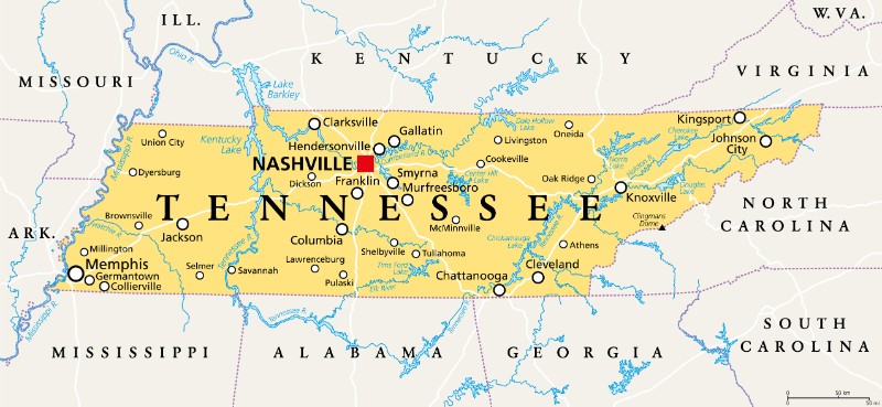 Tennessee, TN, political map, US state, nicknamed The Volunteer State